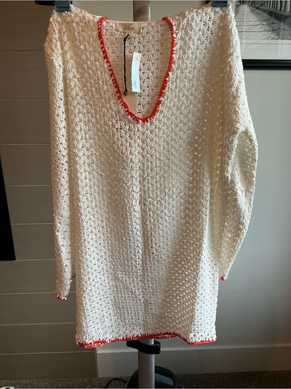 Elan Cream Crochet Swim Cover-Up with Coral Trim